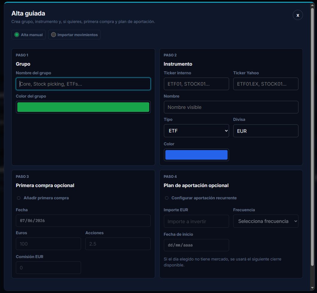 Alta guiada para crear manualmente grupos, instrumentos, una primera compra y un plan de aportación