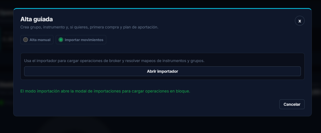 Opción para importar movimientos desde una cartera existente mediante plantilla ValorGrid Excel