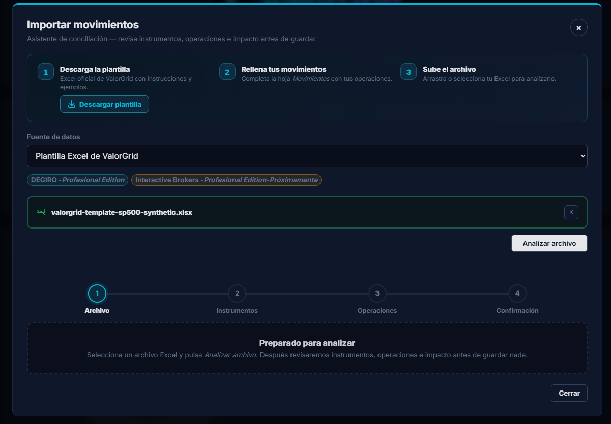 Importador de ValorGrid para seleccionar archivo y preparar la carga de movimientos