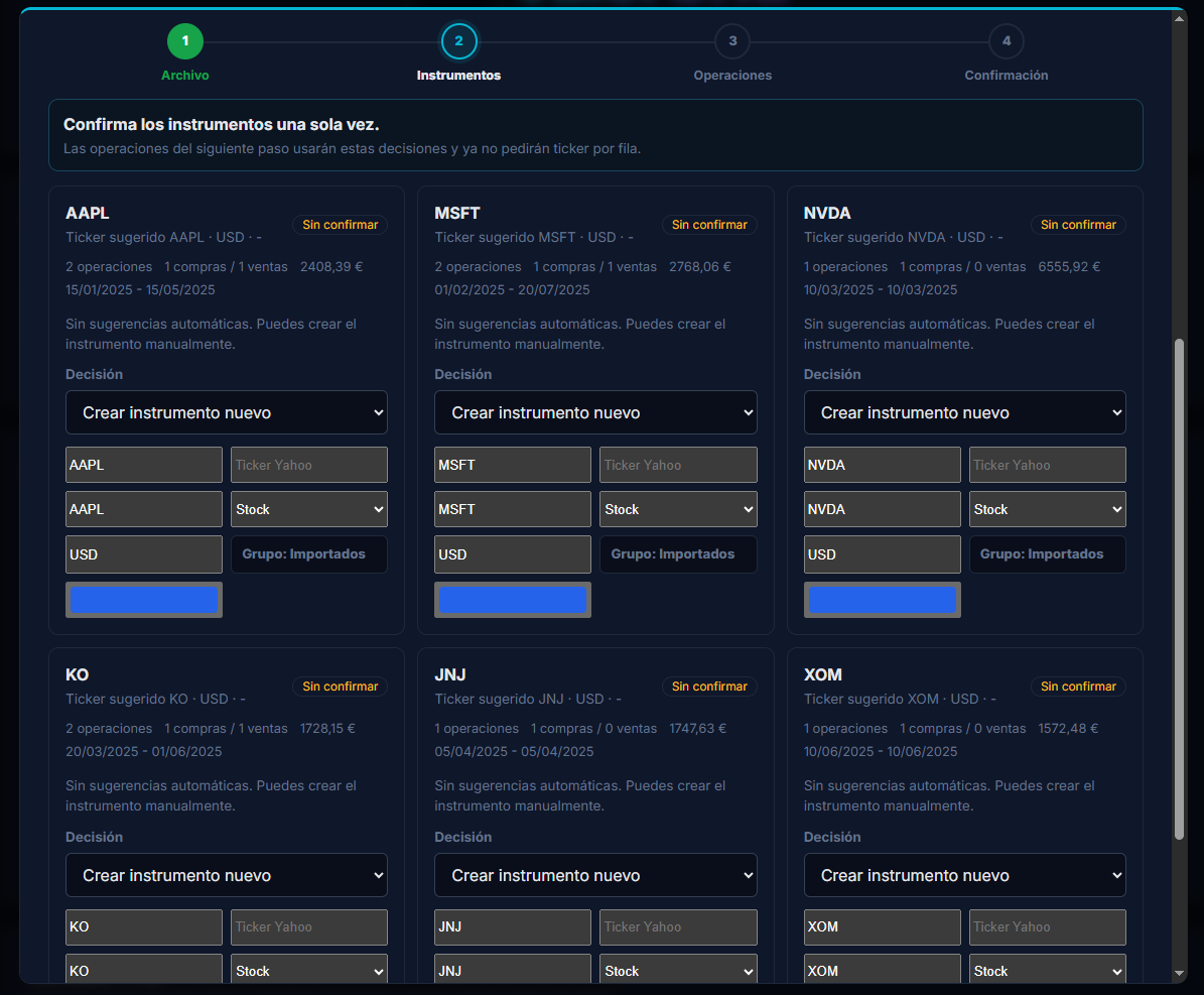 Validación de instrumentos y grupos durante la importación en ValorGrid
