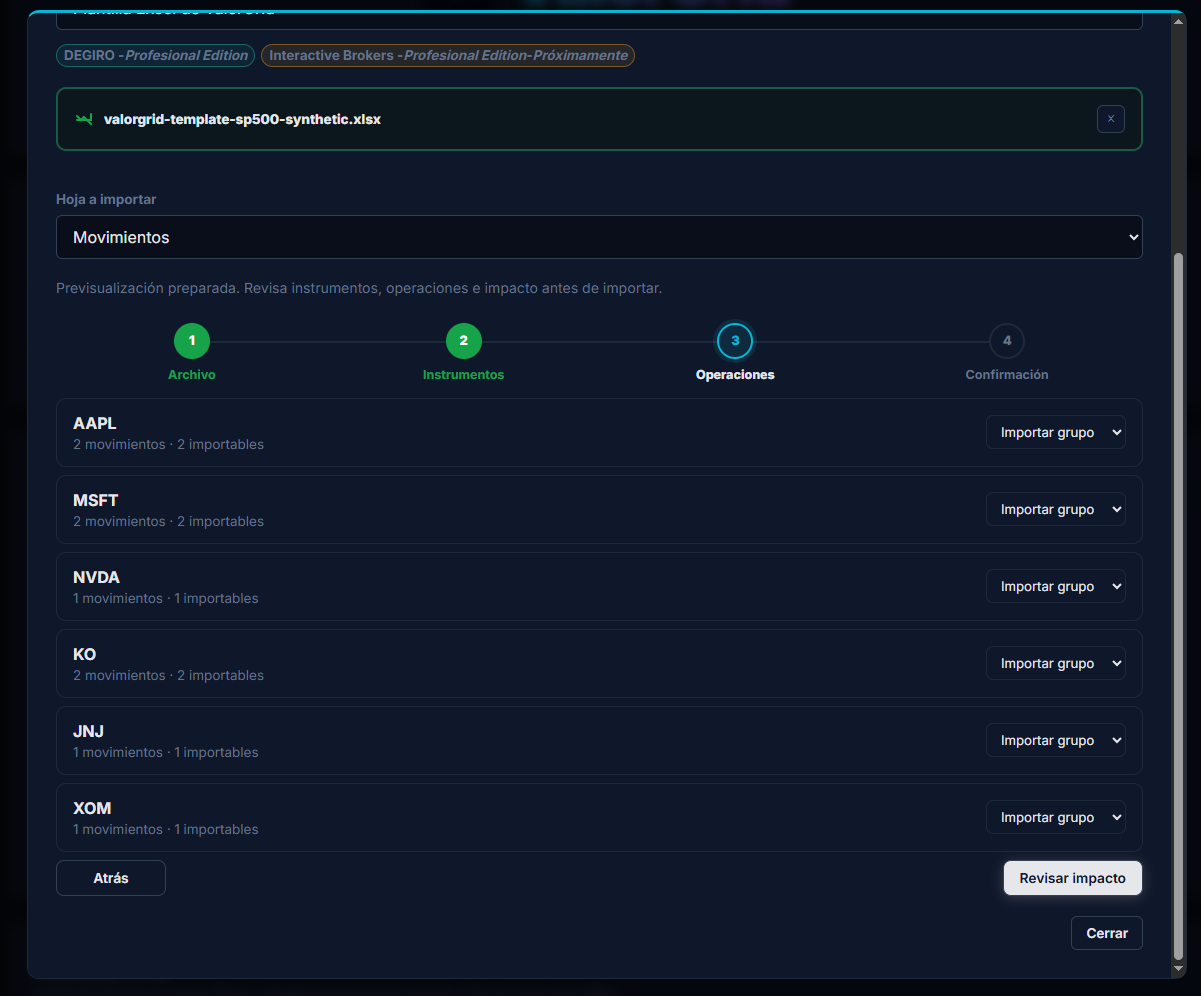 Pantalla de comprobación de movimientos antes de confirmar la importación