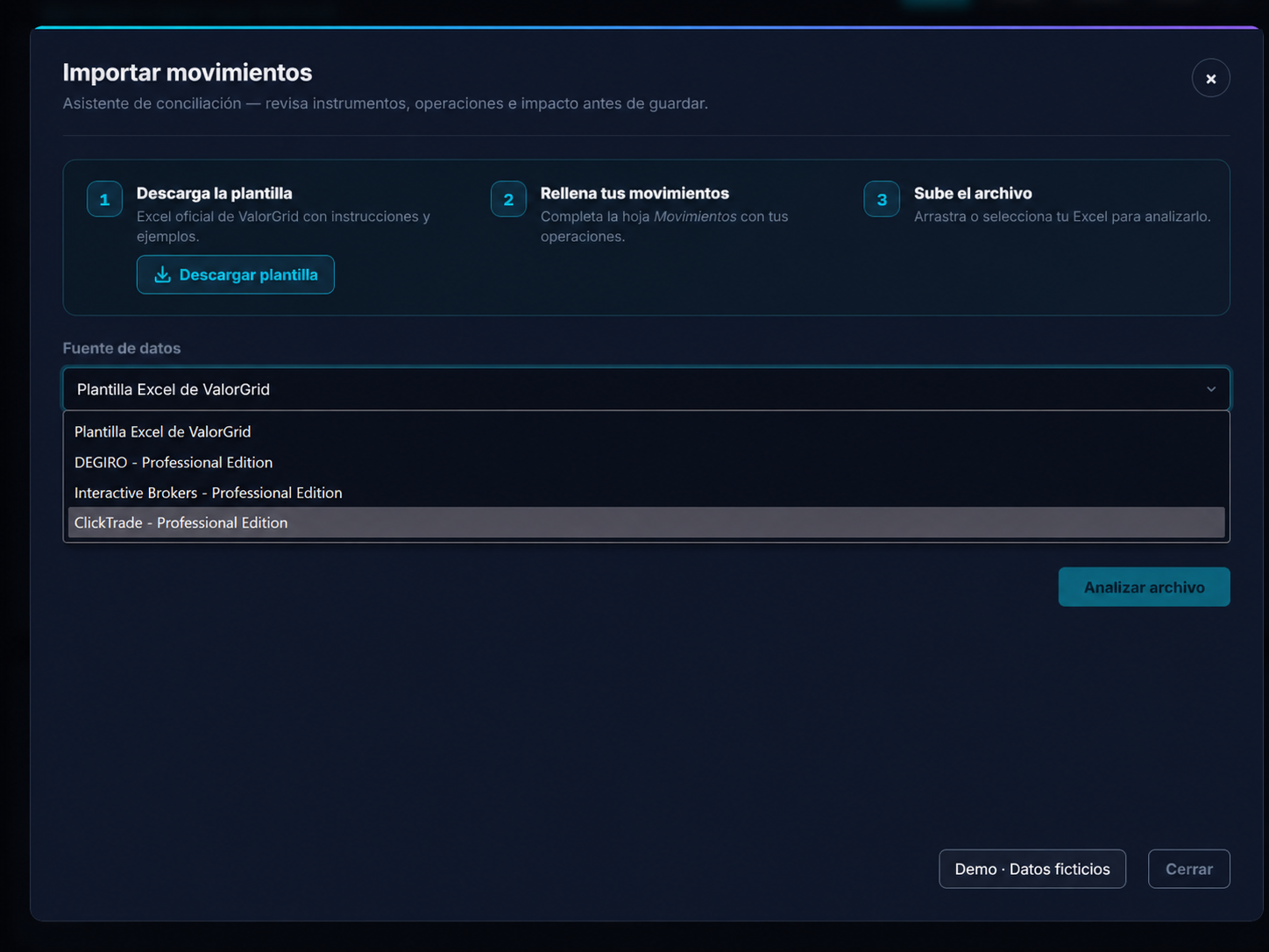 Importar movimientos de ValorGrid con selector de fuentes broker: DEGIRO, Interactive Brokers y ClickTrade