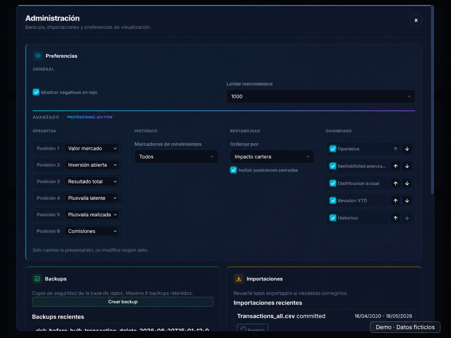 Preferencias de Operativa configurable en ValorGrid PRO con métricas reordenables