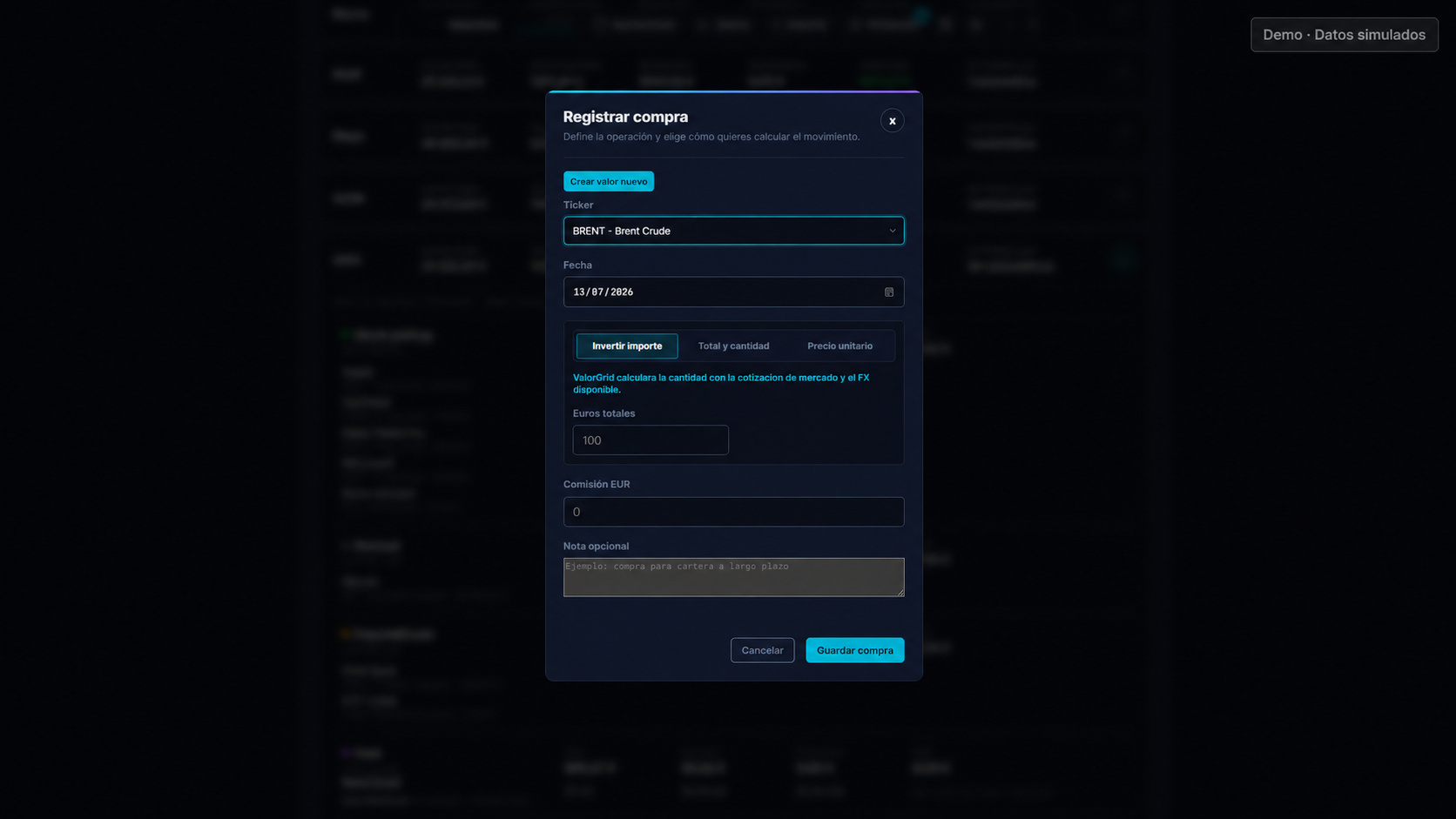 Compra de instrumento en ValorGrid