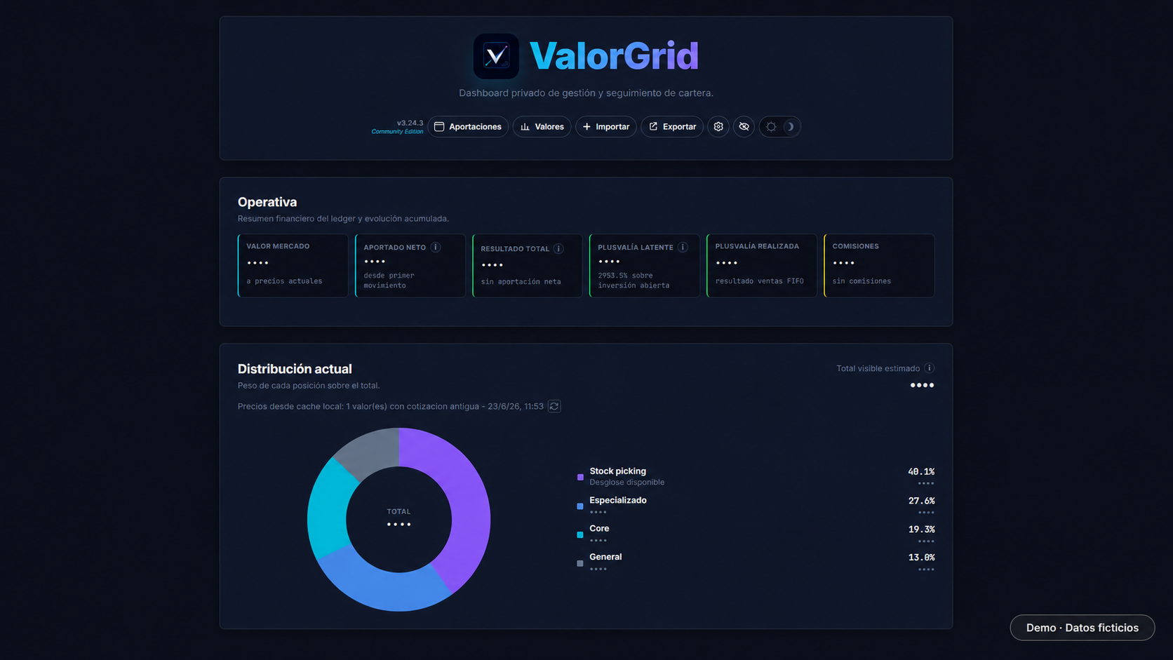 ValorGrid dashboard with hidden balances for extra privacy