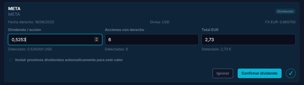 Individual dividend edit with automatic import and currency conversion