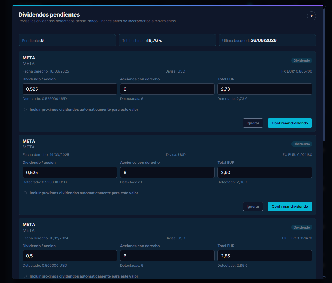 Bulk list of pending dividends for confirmation