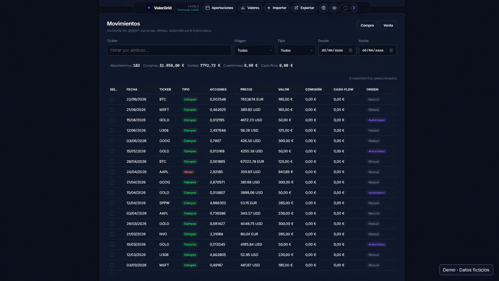 List of portfolio transactions in ValorGrid