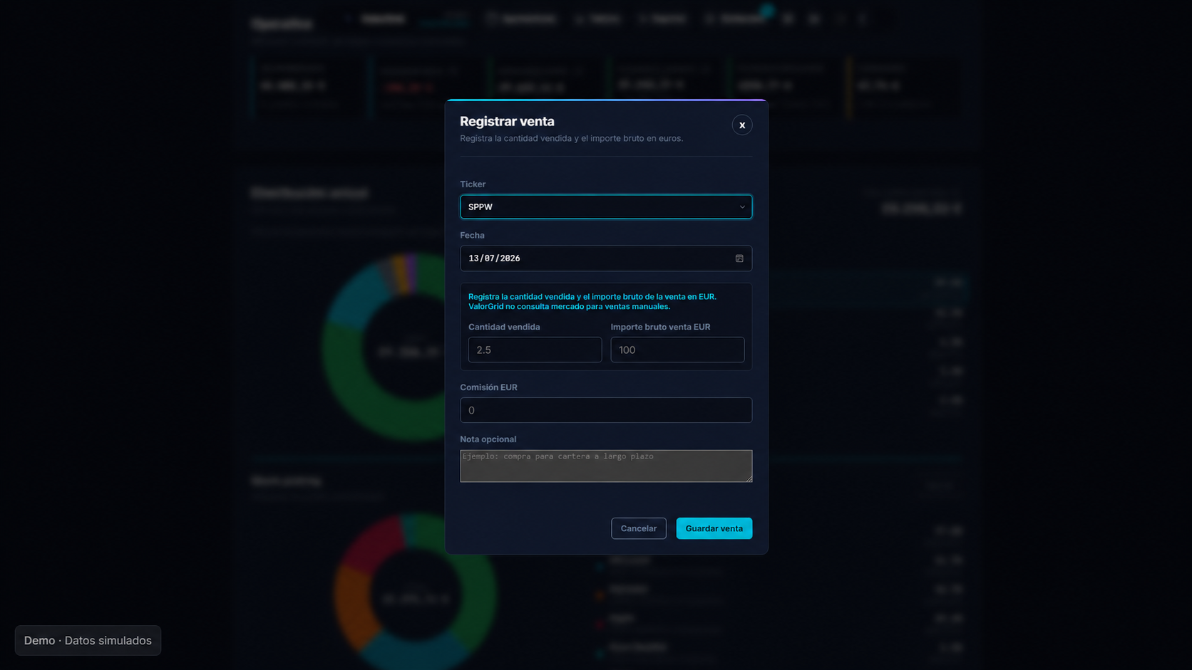 Venta de instrumento en ValorGrid